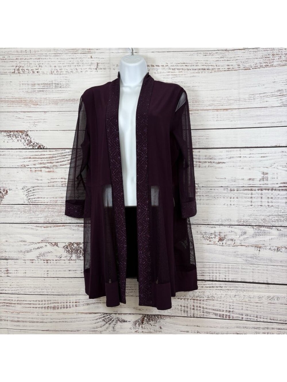 R&M Richards Purple Glitter Mesh Open 3/4 Sleeves Jacket